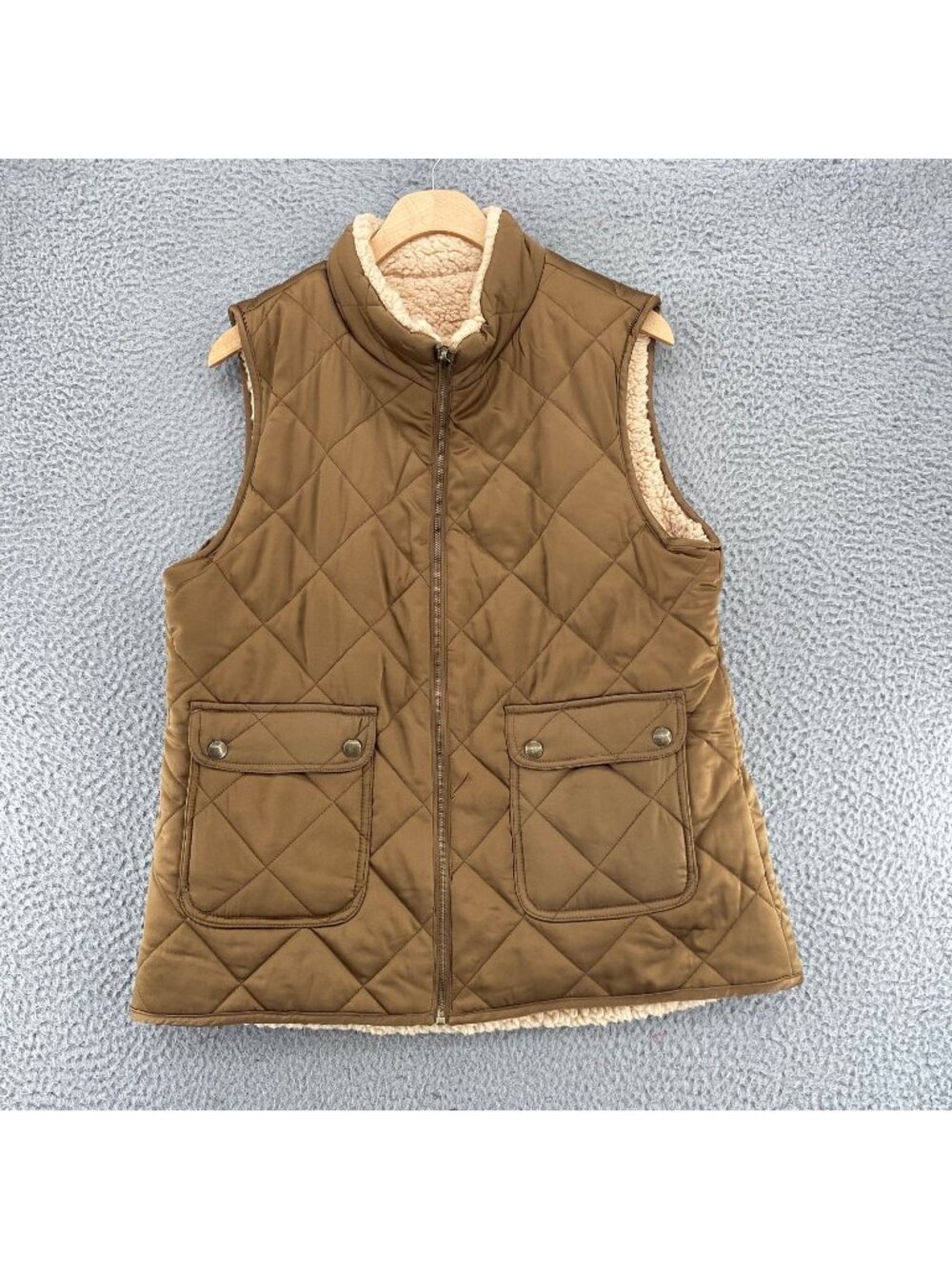 Charlie Paige Vest Womens Medium Brown Reversible Puffer Sherpa Fleece Lined Zip